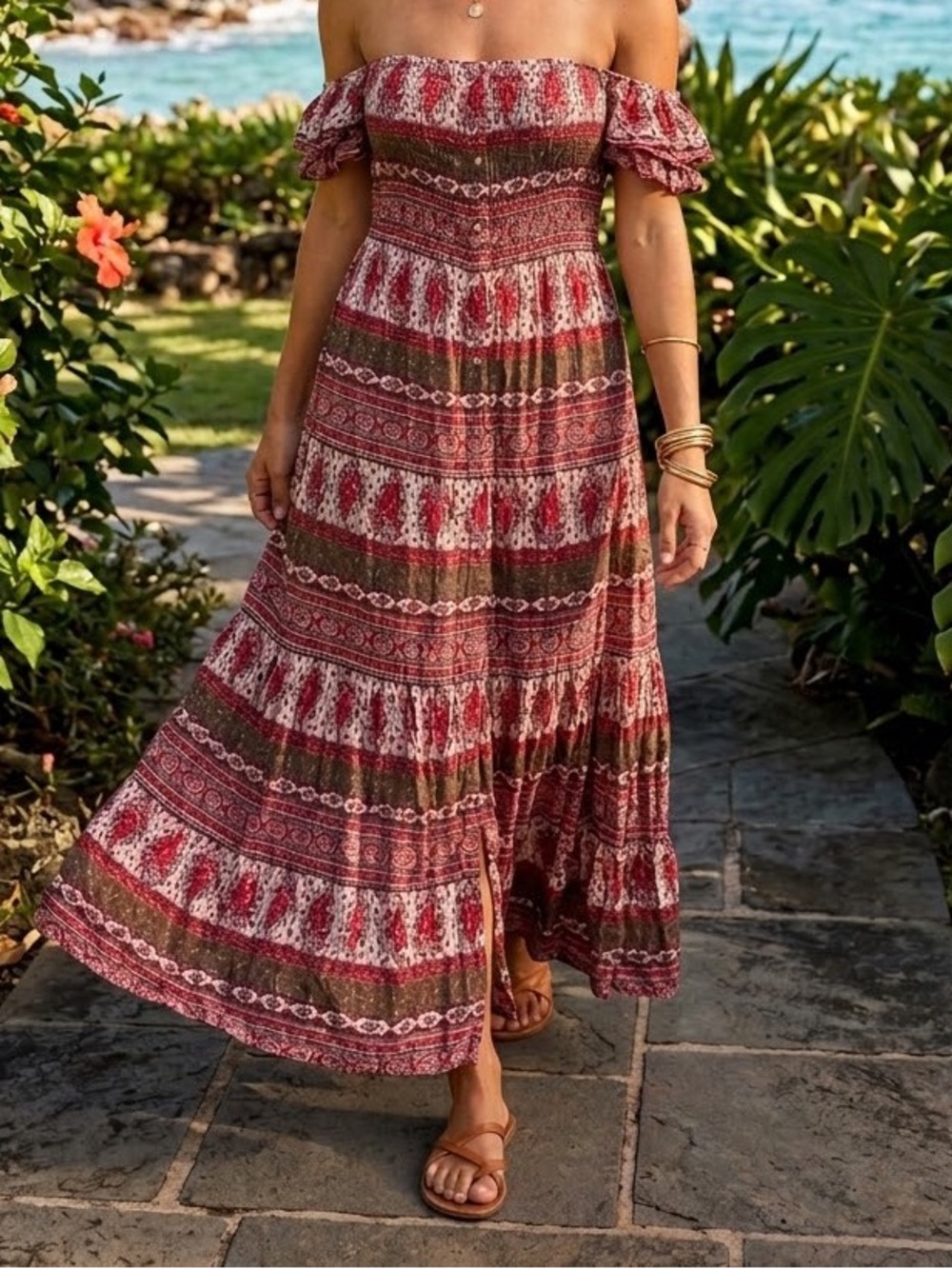 The Jetset Diaries Off-the-Shoulder Button-Front Paisley Ornamental Motif Maxi